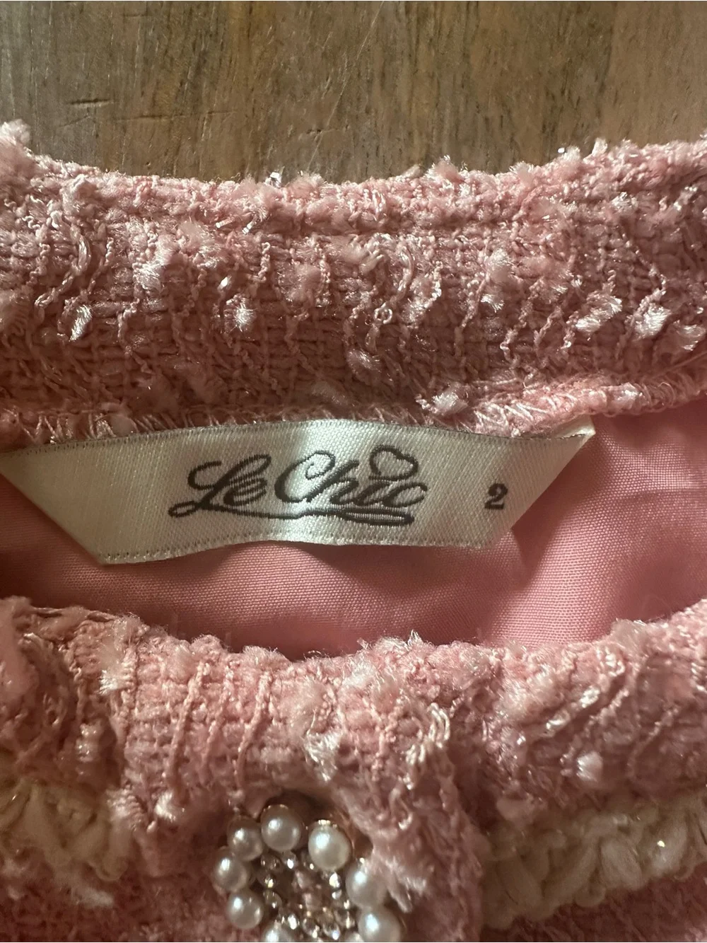 Le Chic Girls Size 2 Pink Tweed Skirt Suit Set Pearl Buttons Elle Woods